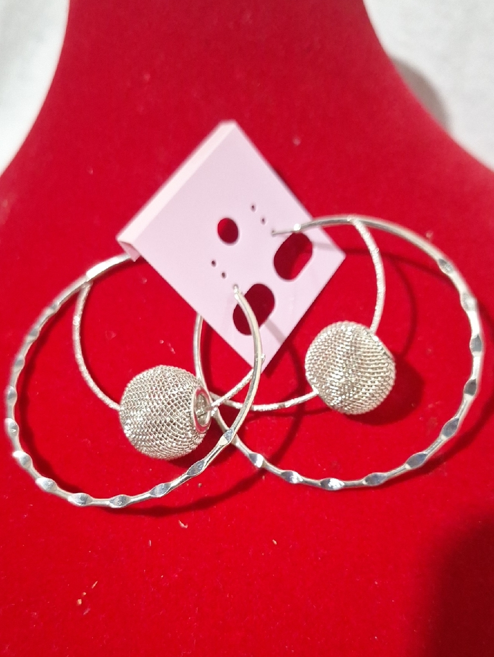 Silver Hoop Earrings with Textured Mesh Beads - Women Jewelry